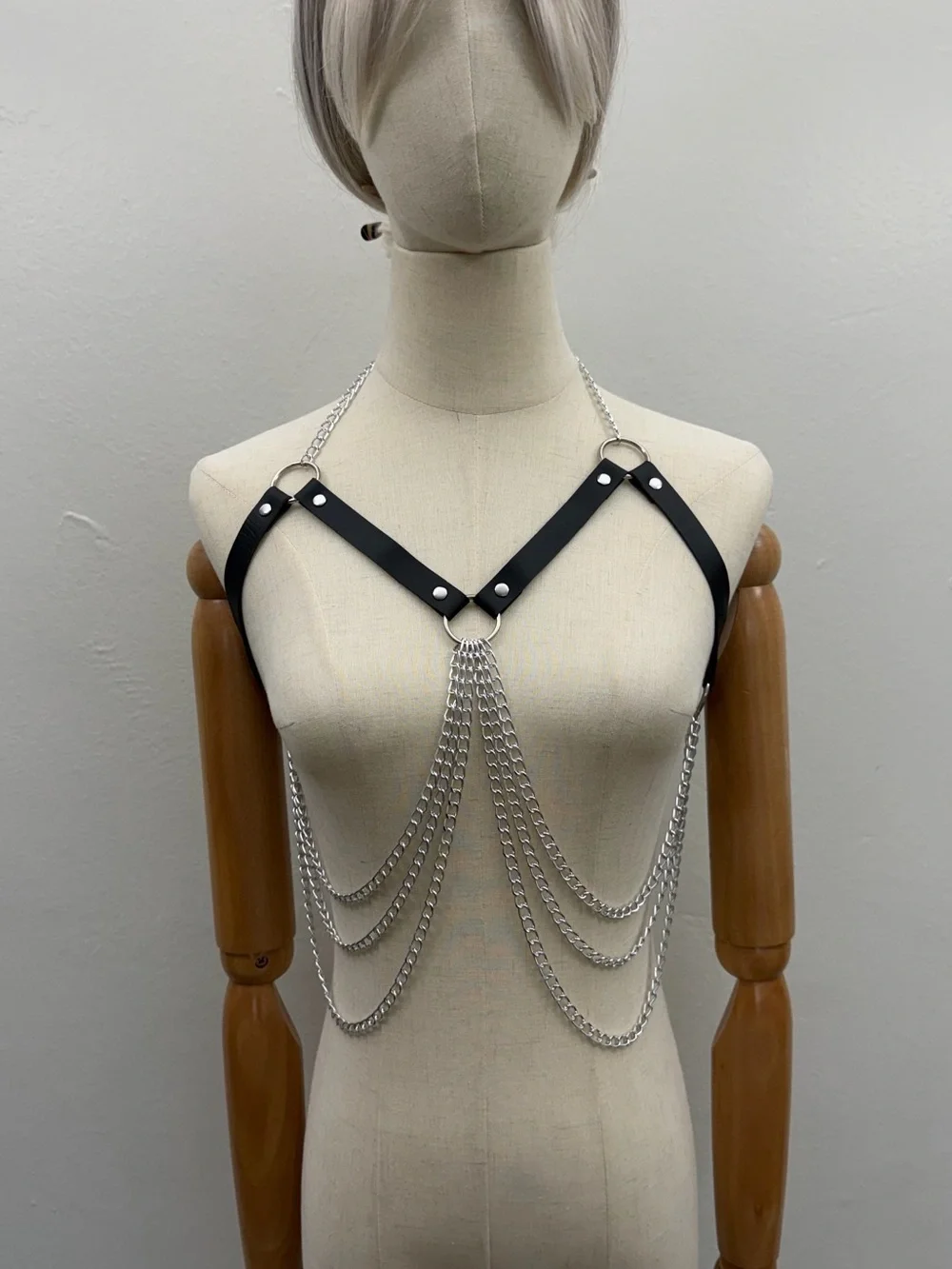 Black Faux Leather Chain Body Harness Bralette Adjustable Chest Harness